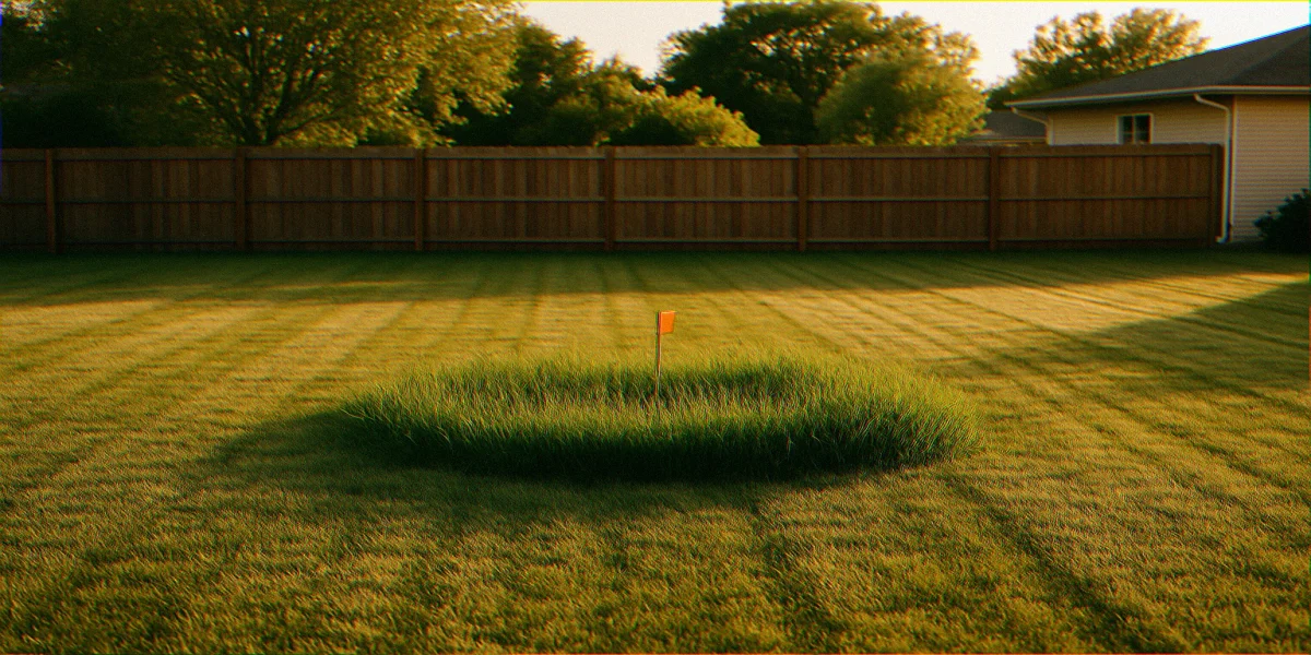Mowed lawn with a six-foot circular unmowed buffer of taller grass left around a flagged ground wasp nest along a fence line at golden hour