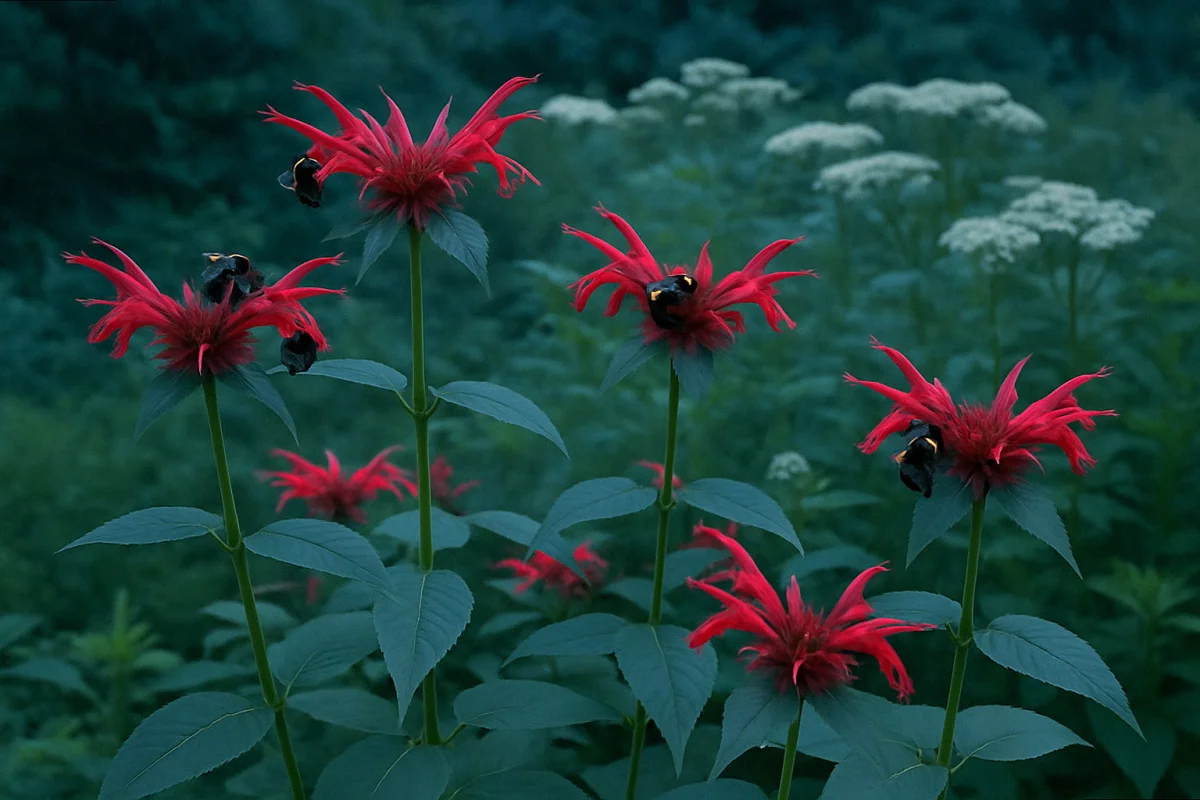 Healthy wild bee balm clump in full bloom with bumblebees foraging on magenta flowers
