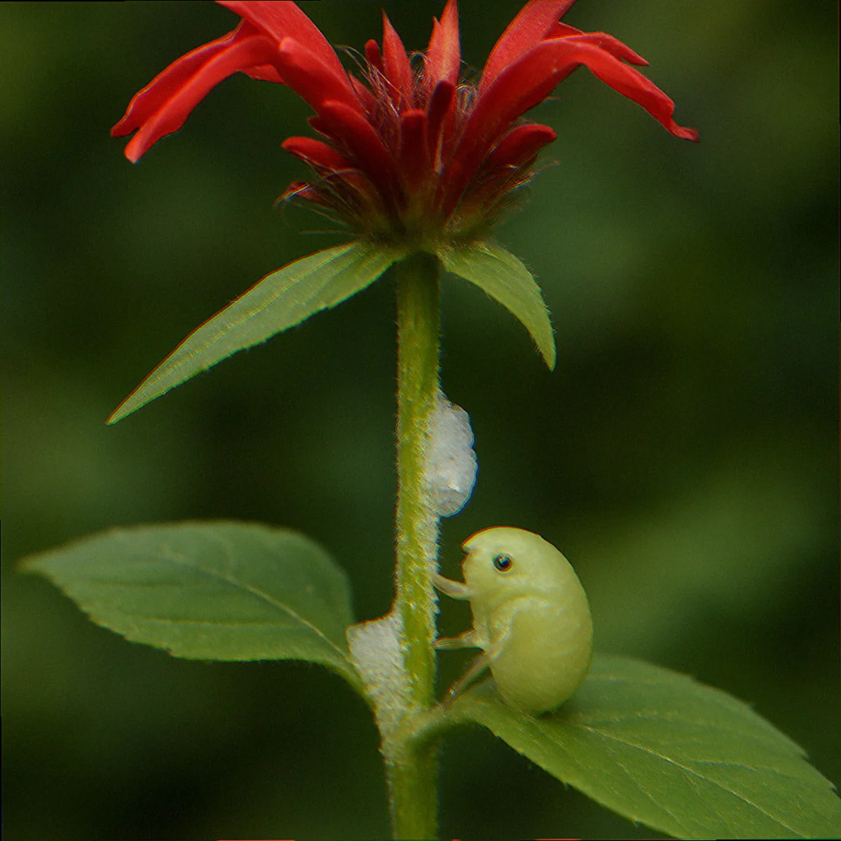 Pale green spittlebug nymph clinging to a wild bergamot stem after foam shelter scraped open