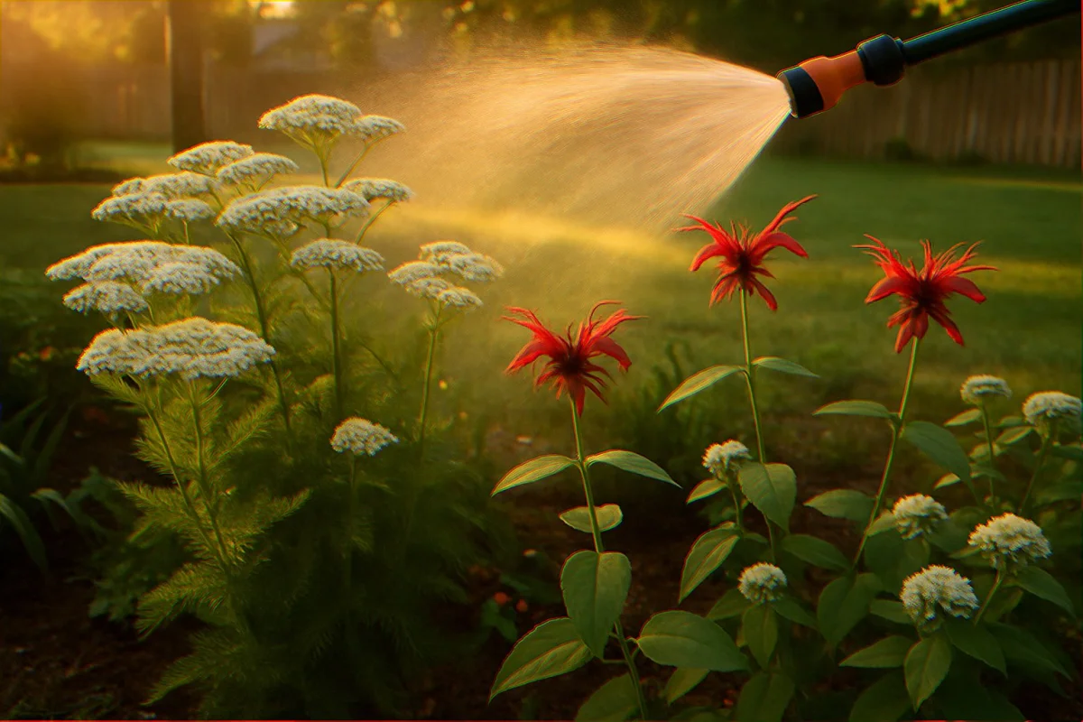 Wide overhead view of pollinator garden with yarrow and bee balm during early morning hose spray