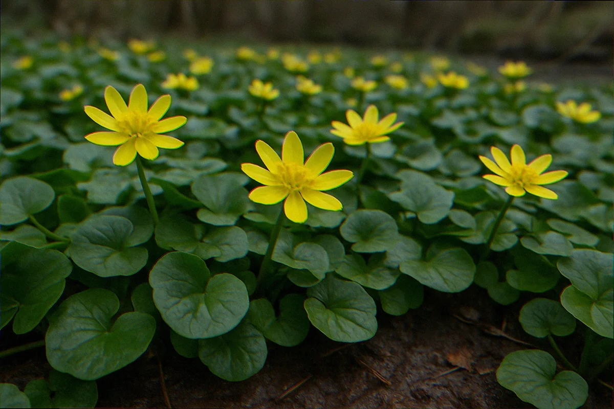 Dense mat of lesser celandine (Ficaria verna) with bright yellow buttercup flowers and glossy heart-shaped leaves carpeting a wet woodland edge in early spring