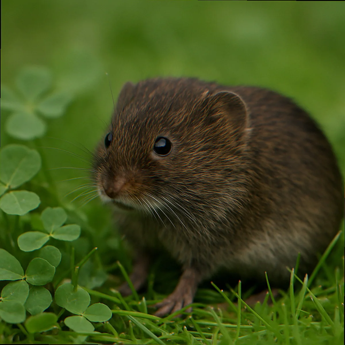 Meadow vole Microtus pennsylvanicus foraging at the edge of clover and short grass with visible eyes and ears
