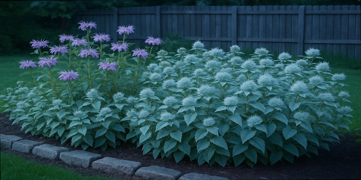Suburban native plant bed in late June showing healthy mountain mint Pycnanthemum muticum and wild bergamot replacing diseased coneflowers