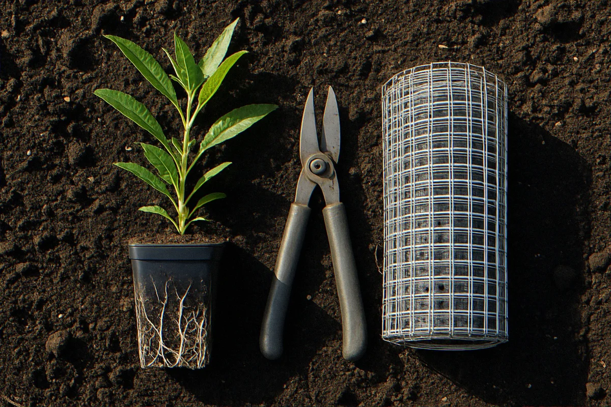 Native plant plug with white root system next to tin snips and roll of galvanized hardware cloth
