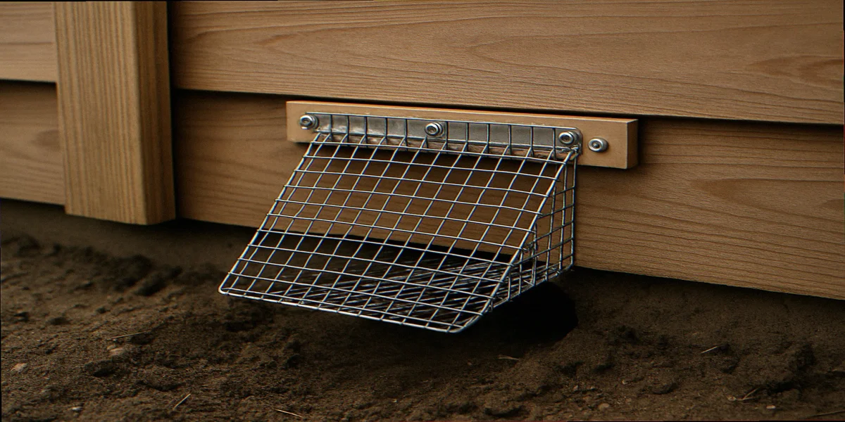 Hinged wire one-way door mounted over groundhog burrow opening at base of cedar shed skirting