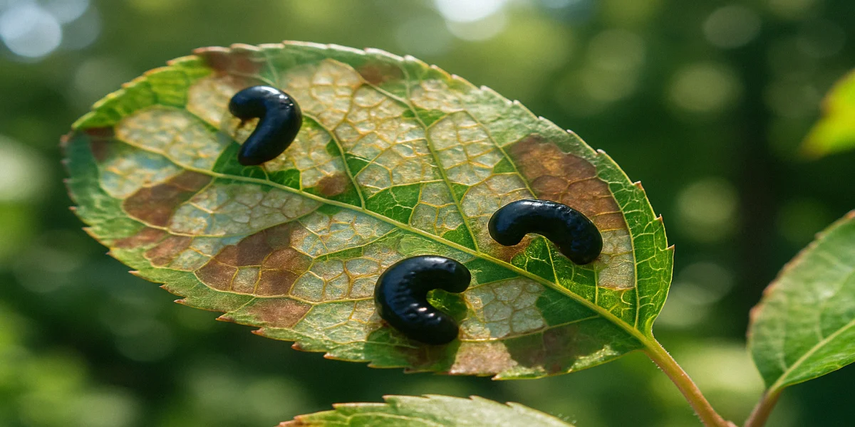 Macro photograph of pear sawfly larvae feeding on a serviceberry leaf showing windowpane skeletonization damage