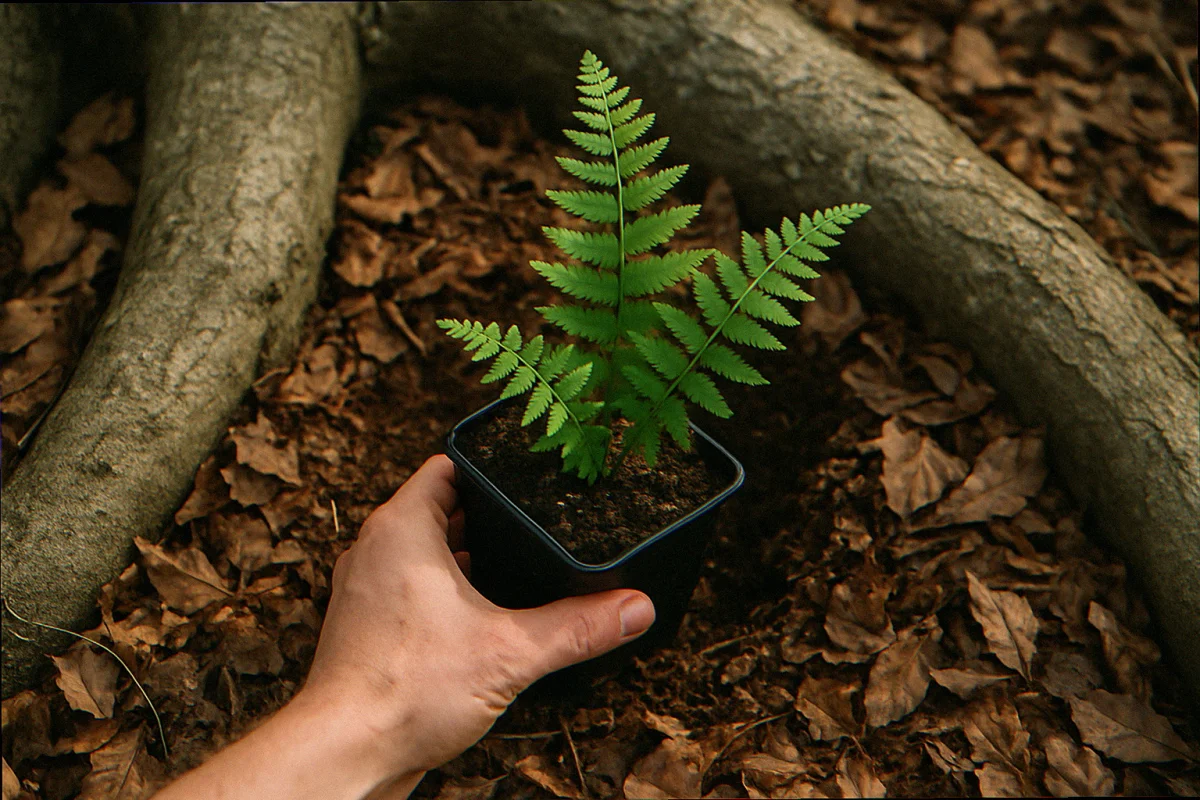 Hand placing a 1-quart Christmas fern plug into a soft pocket of leaf litter between exposed tree roots