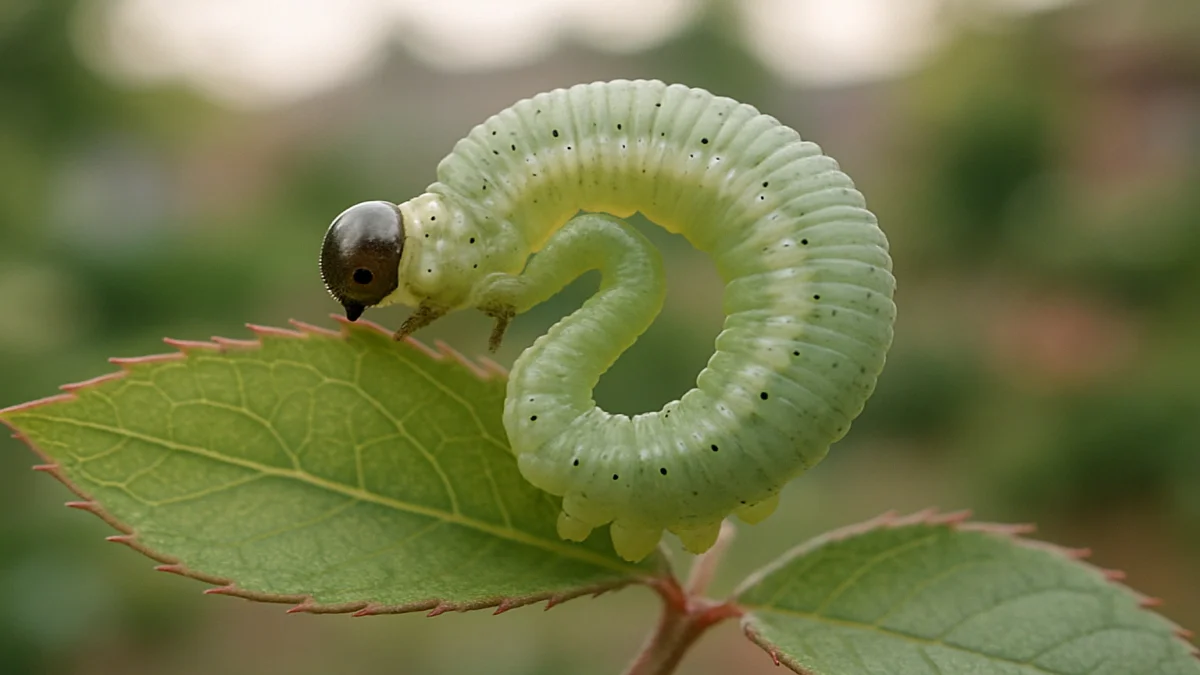Close-up of a sawfly larva on a native rose leaf showing six pairs of abdominal prolegs and the S-curl defensive posture