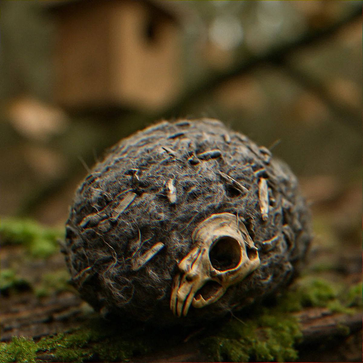 Eastern screech owl pellet showing tiny vole skull and fur on a mossy log beneath a wooded backyard nest box