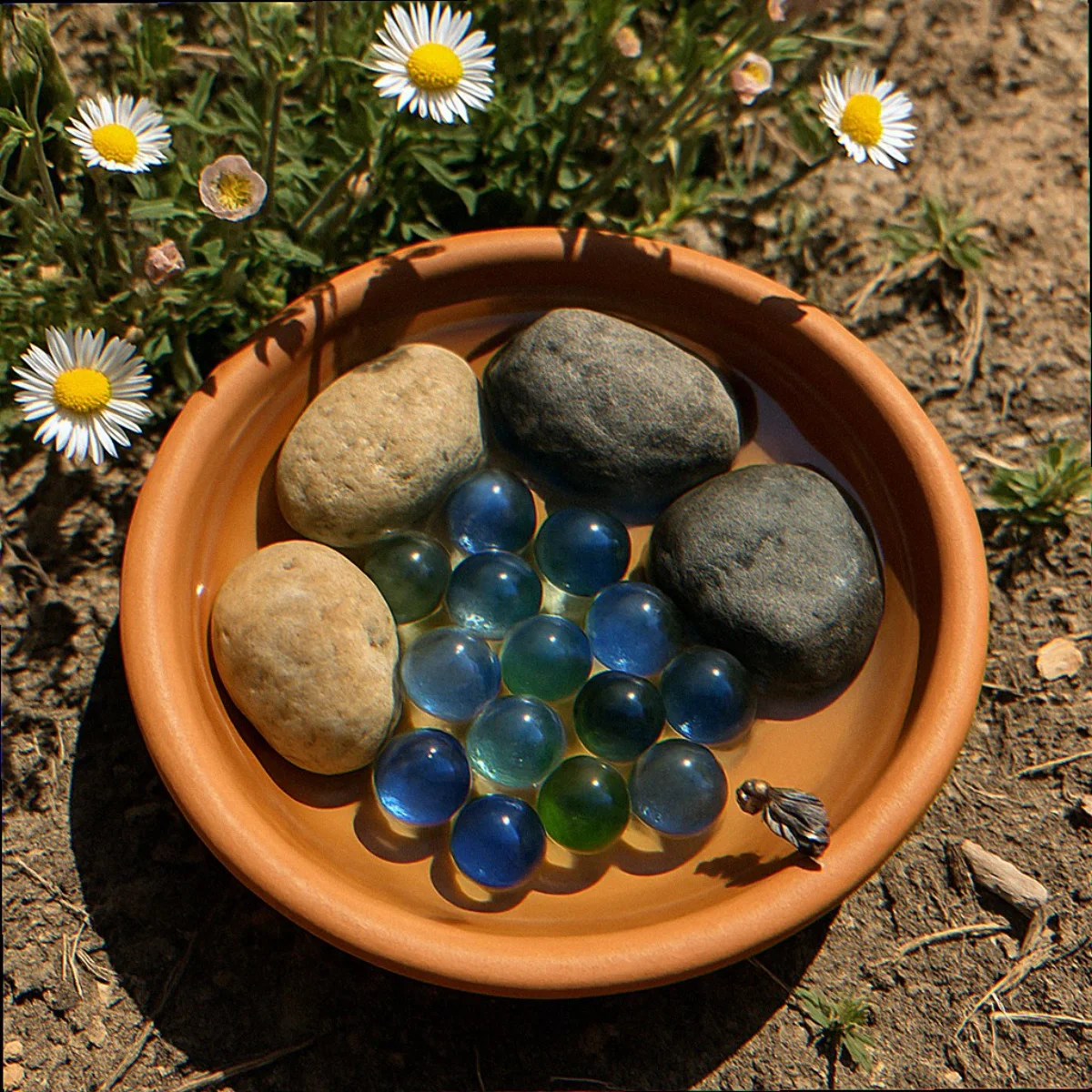 Shallow terracotta saucer pollinator water station with marbles and stones beside native plants with native sweat bee at water edge