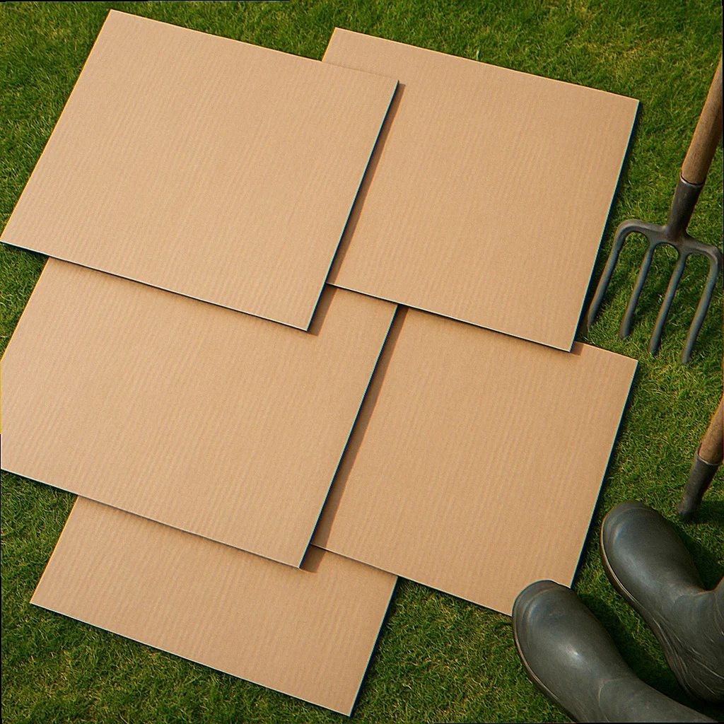 Top-down view of plain brown single-wall corrugated cardboard sheets being laid over a freshly mowed lawn with overlapping seams, garden boots and a digging fork at frame edge