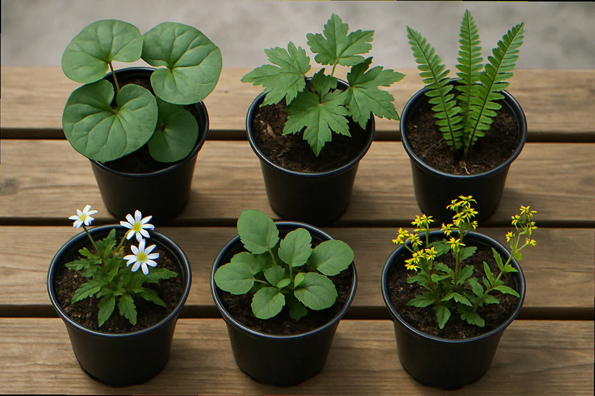 Six native dry shade plants in 1-quart nursery pots arranged on a wooden bench