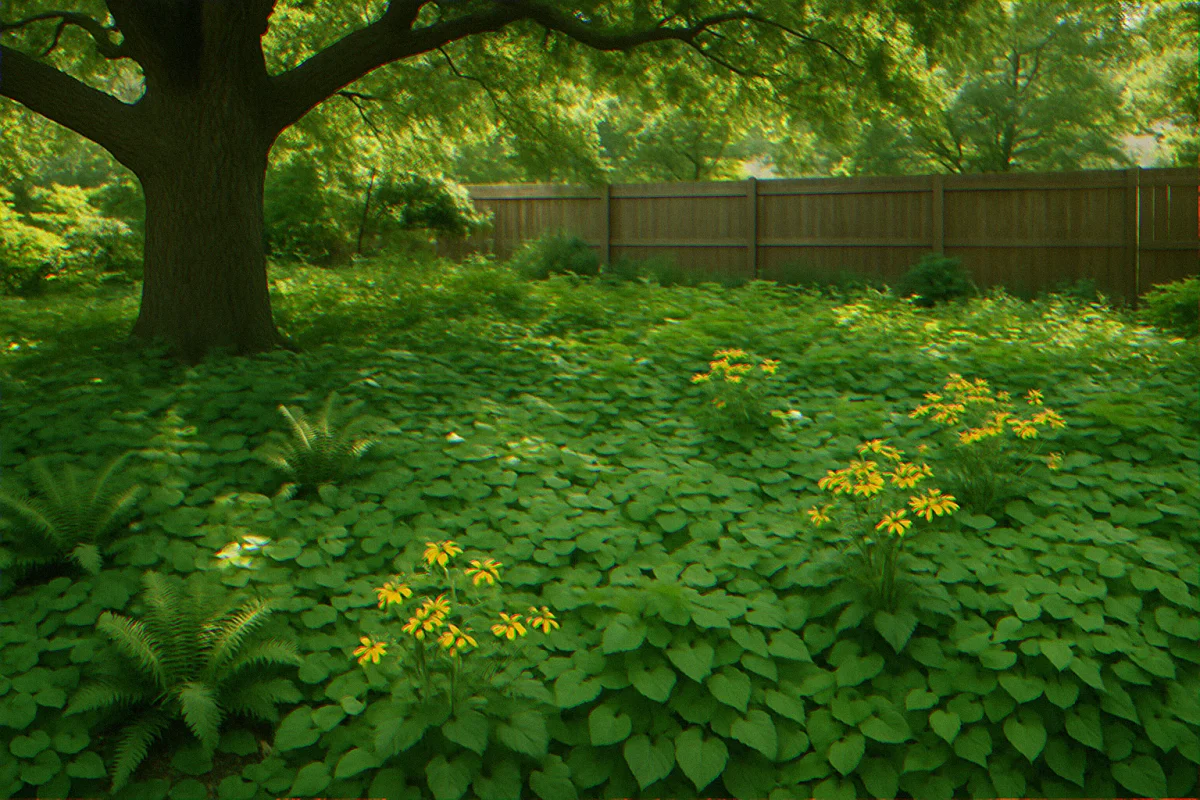 Year three native plant bed under a large oak showing closed green carpet of foliage with no bare soil